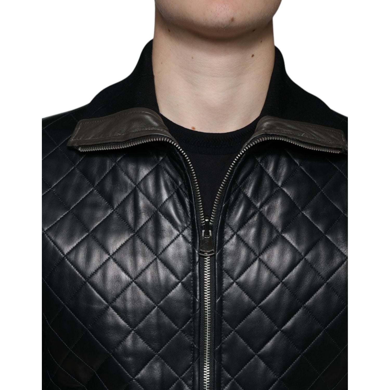 Dolce & Gabbana Black Calf Leather Quilted Full Zip Jacket