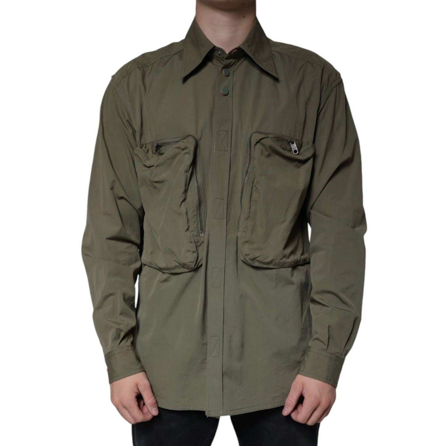 Dolce & Gabbana Military Green Cotton Bend Collared Coat Jacket