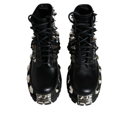 Dolce & Gabbana Black Leather Studded Trekking Boots Shoes