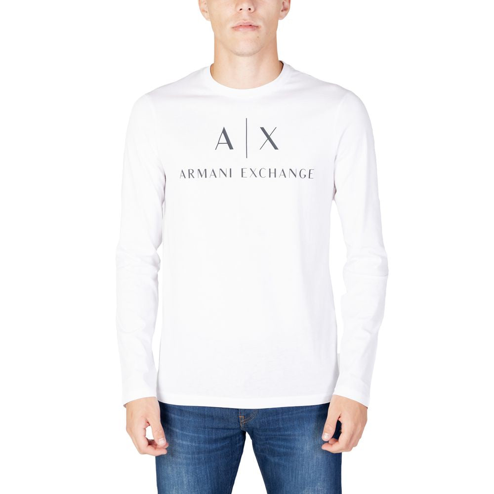 Man wearing Armani Exchange White Cotton Long Sleeve shirt with logo, designed for comfort and style, ideal for cooler seasons.