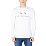 Man wearing Armani Exchange White Cotton Long Sleeve shirt with logo, designed for comfort and style, ideal for cooler seasons.