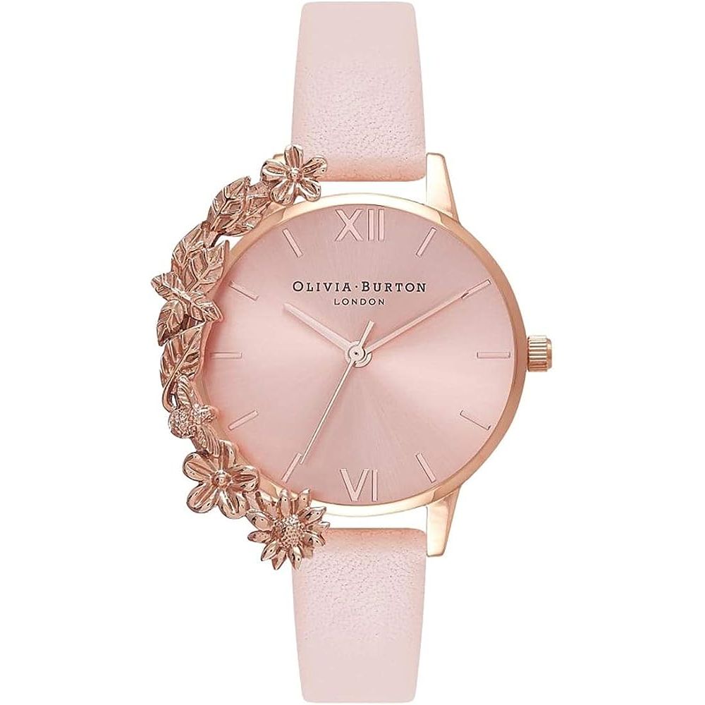 Olivia Burton Multicolor Artificial Leather Dress Watch with pink dial, stainless steel case, floral design, and mineral glass, 30mm diameter.