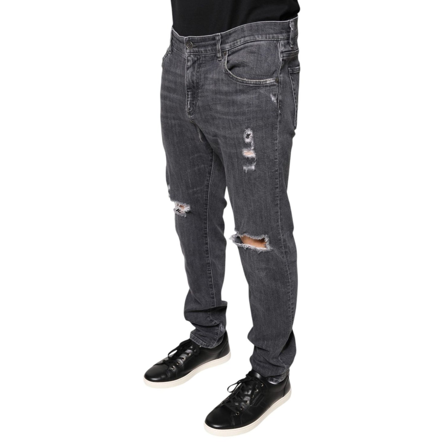 Dolce & Gabbana Dark Gray Tattered Cotton Skinny Denim Jeans
