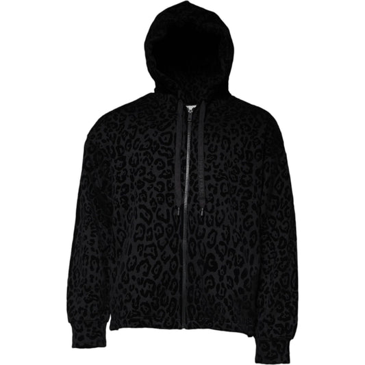 Dolce & Gabbana Black Leopard Cotton Hooded Full Zip Sweater Dolce & Gabbana Black