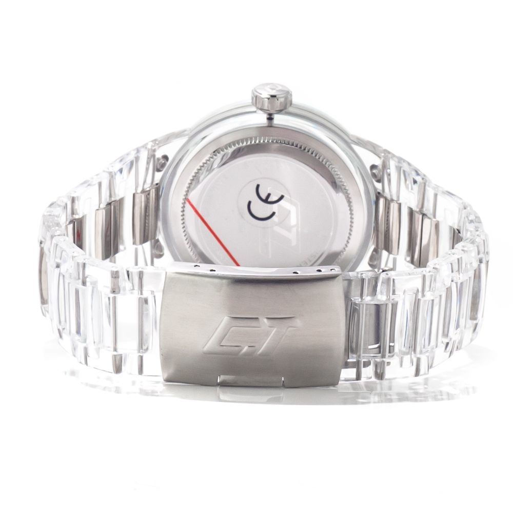 Chronotech Transparent Polycarbonate Dress Watch with silver dial and clear bracelet, rear view.