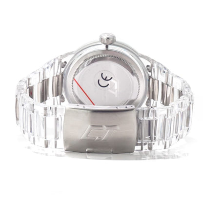 Chronotech Transparent Polycarbonate Dress Watch with silver dial and clear bracelet, rear view.