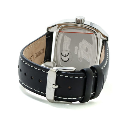 Back view of Chronotech Black Leather Dress Watch with steel case and black leather strap.