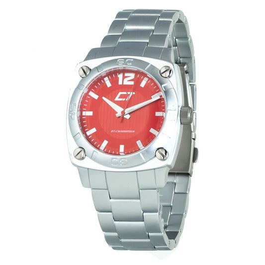 Chronotech Silver Stainless Steel Dress Watch with red dial, analog quartz mechanism, and pressure closure.