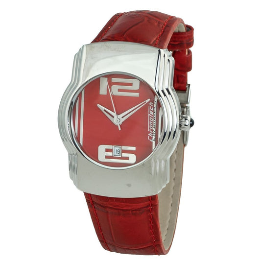 Chronotech Red Leather Dress Watch with quartz mechanism, silver steel case, red dial, mineral glass, and buckle closure.