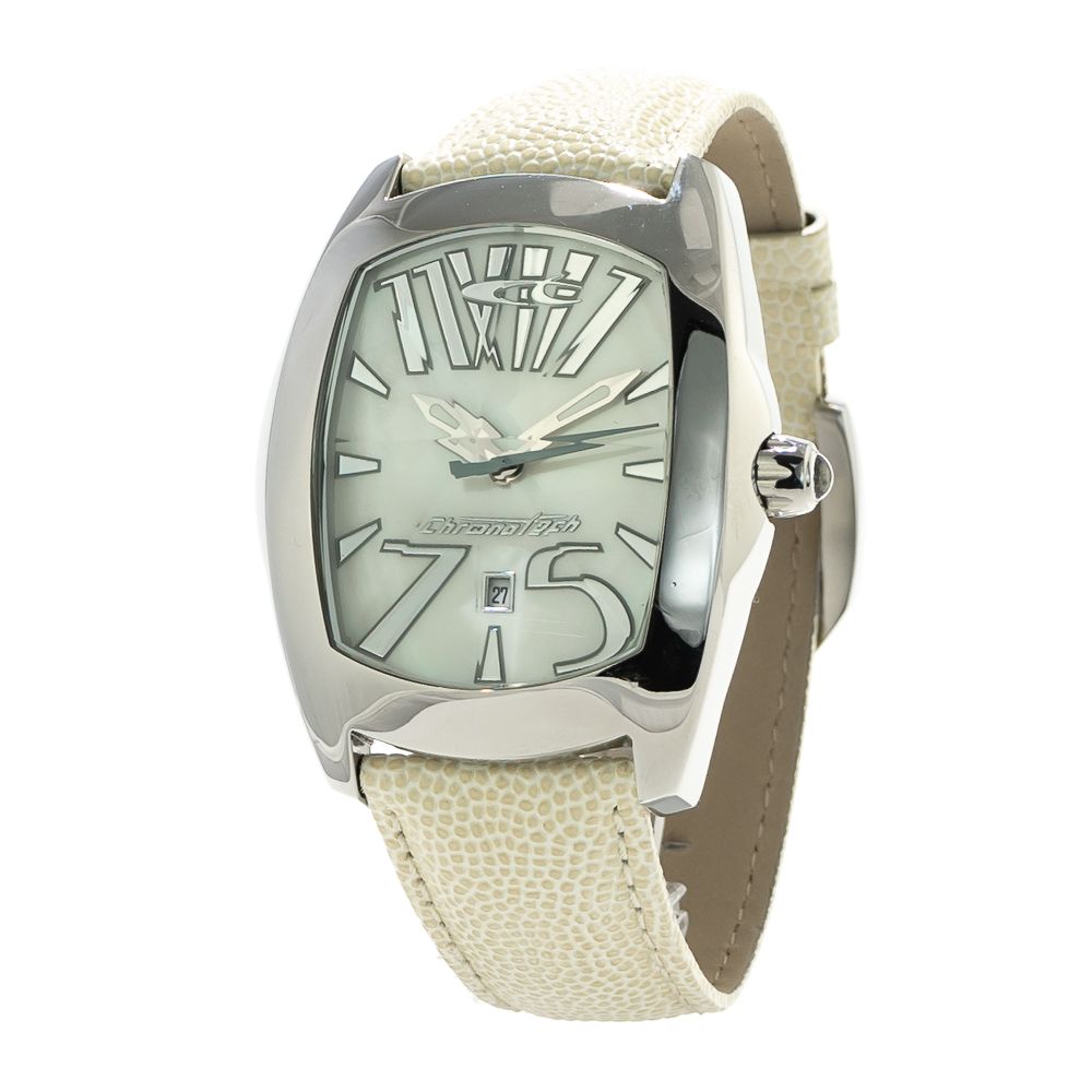 Chronotech White Leather Dress Watch with silver steel case, beige dial, and white leather strap.