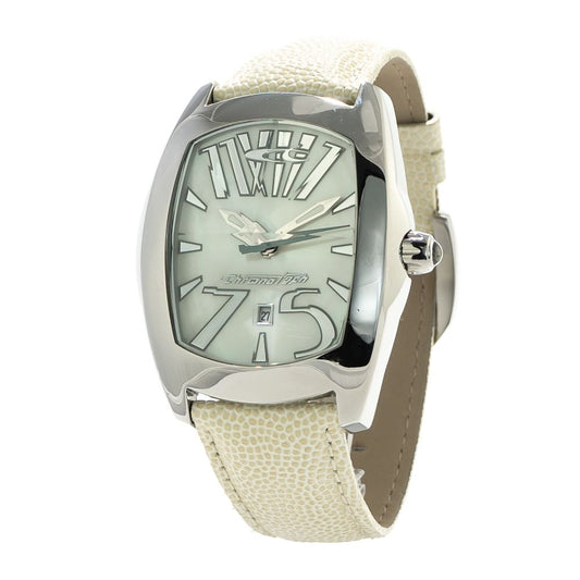 Chronotech White Leather Dress Watch with silver steel case, beige dial, and white leather strap.