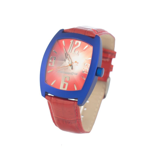 Chronotech Red Leather Dress Watch with blue steel case and red dial, quartz analog display, red leather strap, buckle closure.