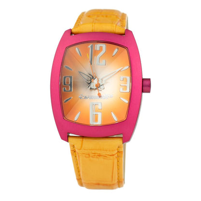 Chronotech Orange Leather Dress Watch with red steel case and orange mineral dial, features quartz mechanism and orange leather bracelet.