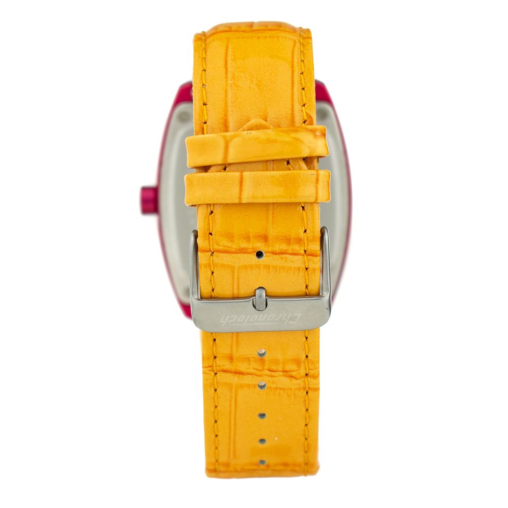 Chronotech Orange Leather Dress Watch with orange leather bracelet and red steel case, showcasing buckle closure.