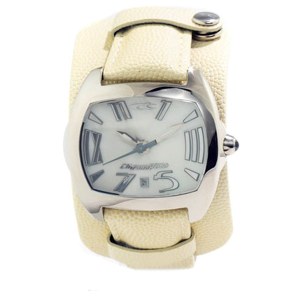Chronotech Beige Leather Dress Watch with silver steel case, white dial, and beige leather band featuring analog display and buckle closure.