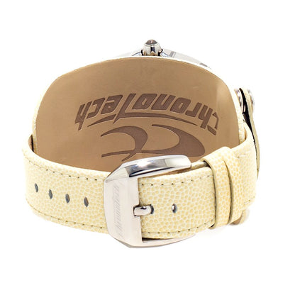 Back view of Chronotech Beige Leather Dress Watch with silver buckle and beige leather strap.