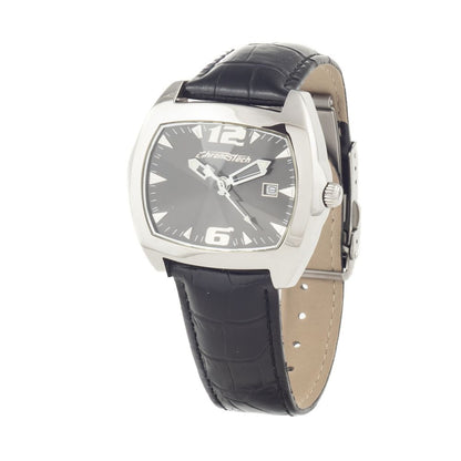 Chronotech Black Leather Dress Watch with silver steel case, analog display, black dial, and pressure closure.