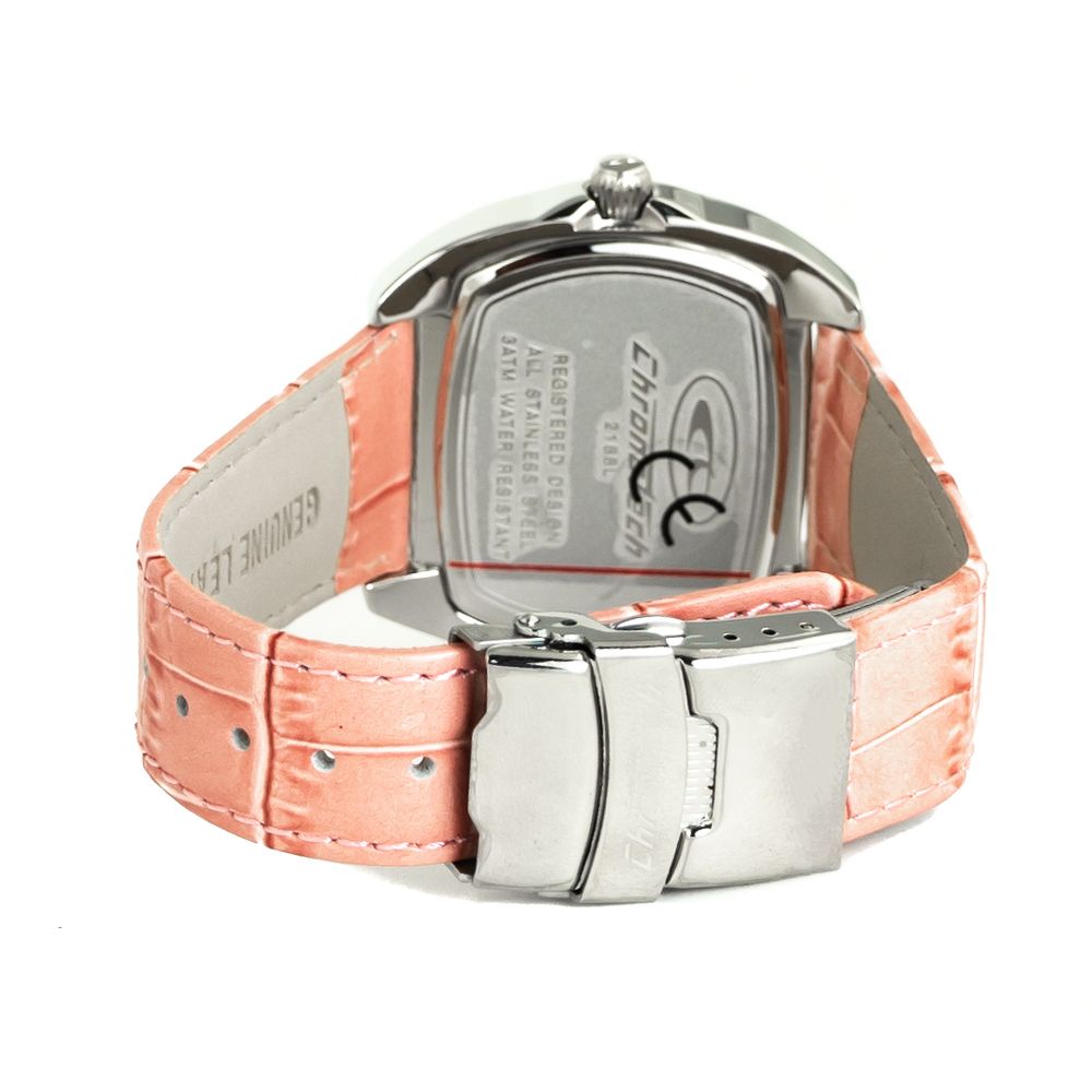 Back view of Chronotech Multicolor Leather Dress Watch with pink leather strap and stainless steel case.
