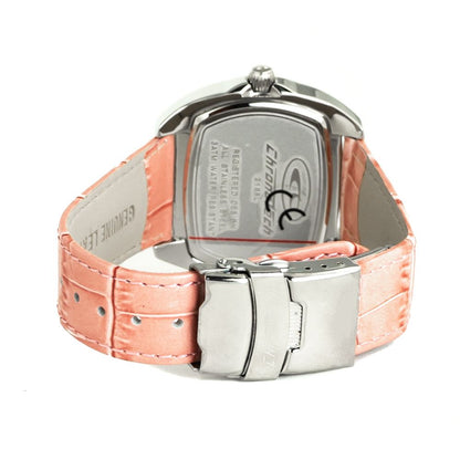 Back view of Chronotech Multicolor Leather Dress Watch with pink leather strap and stainless steel case.