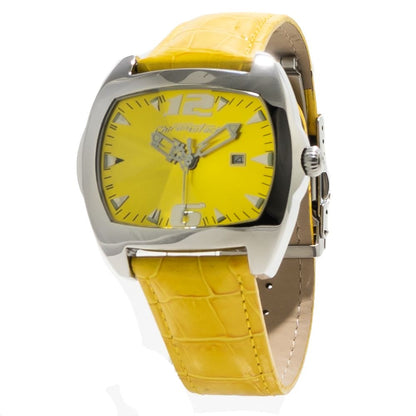 Chronotech Yellow Leather Dress Watch with steel case and yellow dial, featuring quartz mechanism and chronograph function.