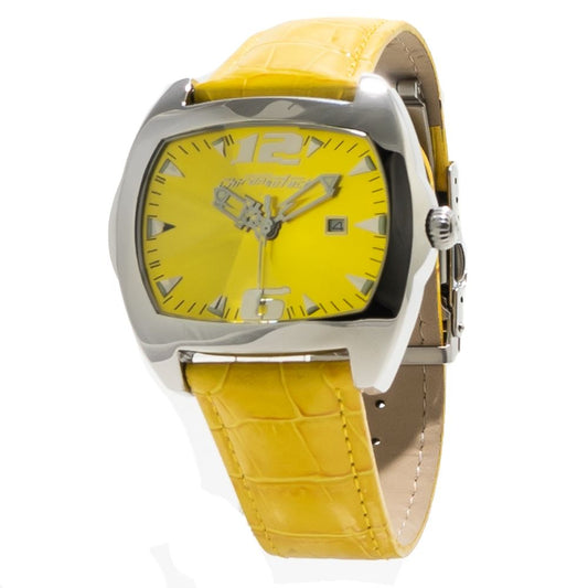 Chronotech Yellow Leather Dress Watch with steel case and yellow dial, featuring quartz mechanism and chronograph function.