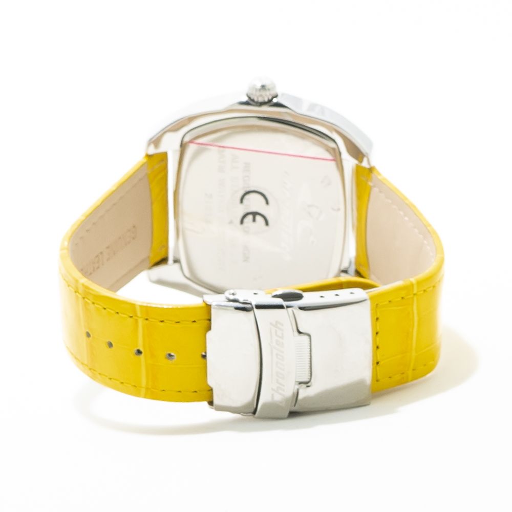 Back view of Chronotech Yellow Leather Dress Watch with silver steel case and yellow leather strap.