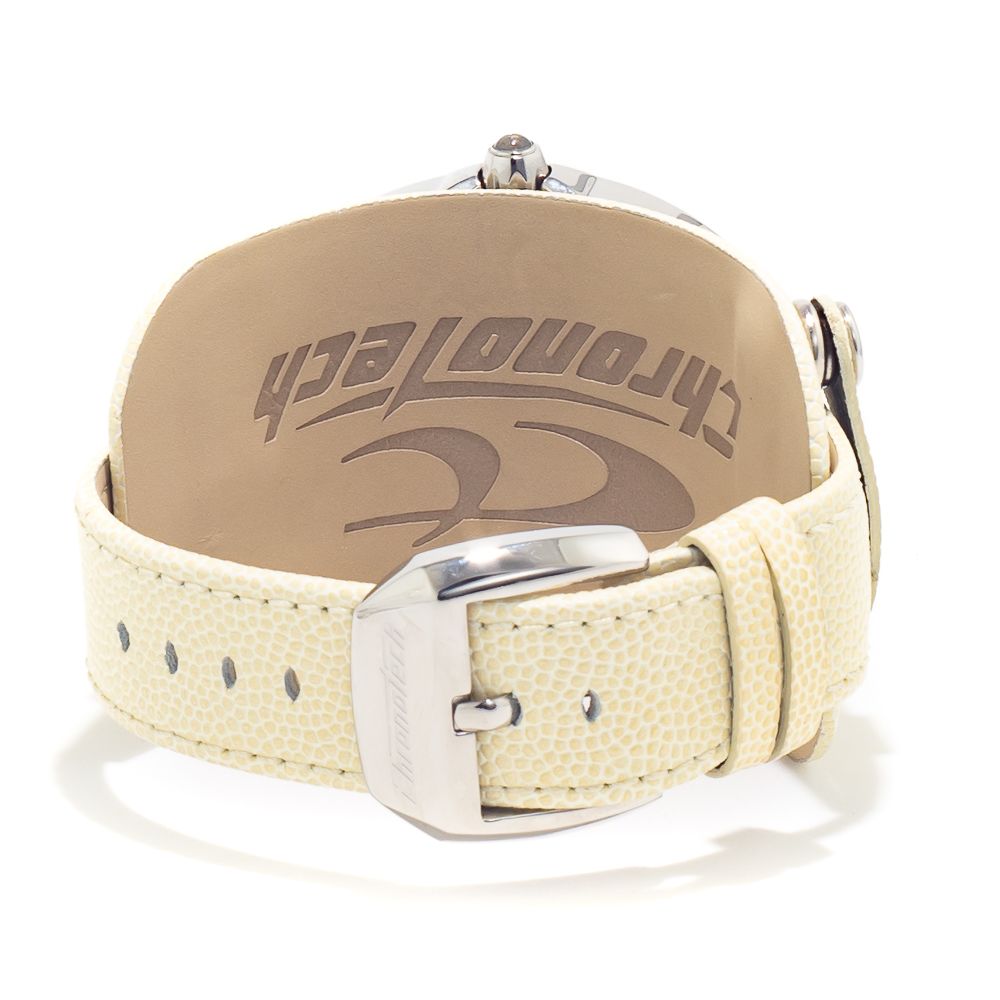 Chronotech Beige Leather Dress Watch with silver steel case and white dial, featuring a beige leather strap and buckle closure.