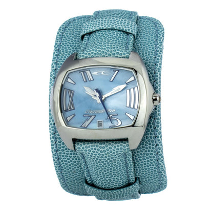 Chronotech Green Leather Dress Watch with silver steel case, blue analog dial, green leather bracelet, quartz chronograph functionality.