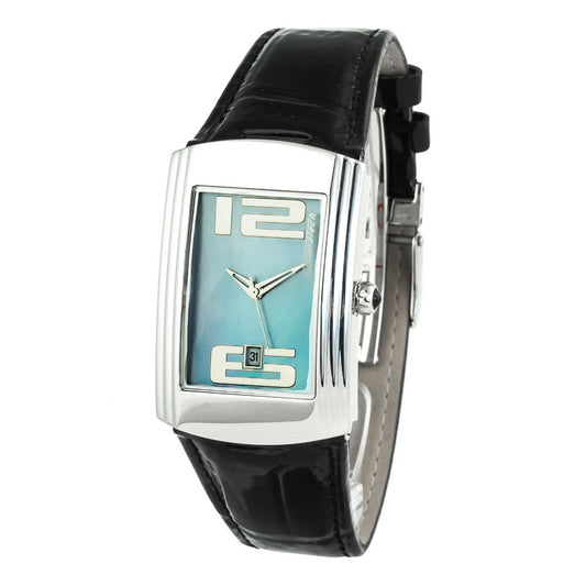 Chronotech Silver Stainless Steel Dress Watch with blue dial and black leather strap, quartz analog display, steel silver case.