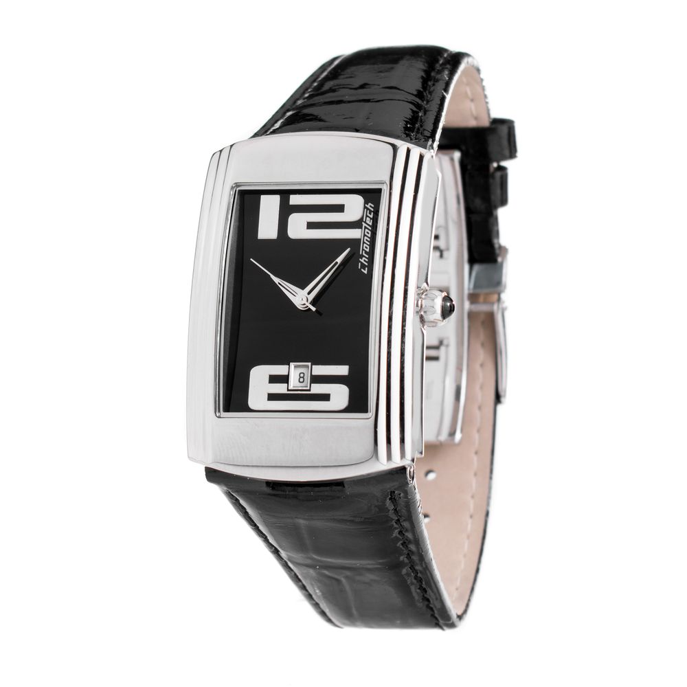 Chronotech Black Leather Dress Watch with analog display, quartz mechanism, silver steel case, and black leather bracelet.