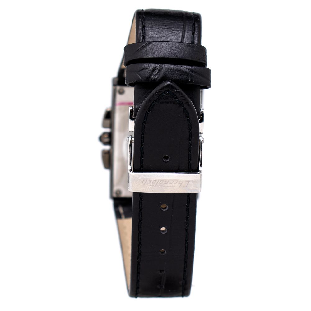Chronotech Black Leather Dress Watch with black leather strap and silver steel case, side view showing strap and buckle design.