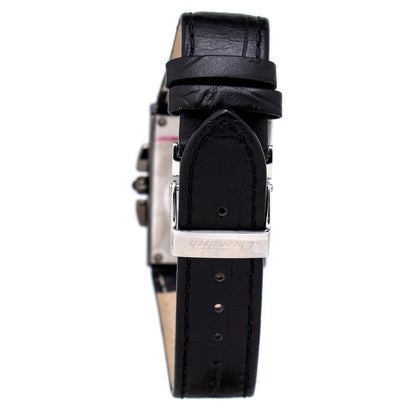 Chronotech Black Leather Dress Watch with black leather strap and silver steel case, side view showing strap and buckle design.