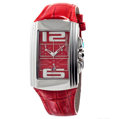 Chronotech Red Leather Dress Watch with quartz mechanism, silver steel case, red leather bracelet, analog display, 35mm red dial.