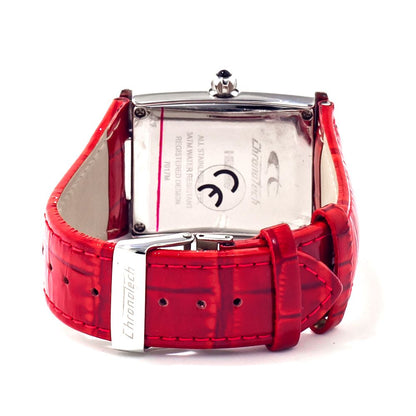 Back view of Chronotech Red Leather Dress Watch with stainless steel case and red leather strap, showcasing brand detail and clasp.