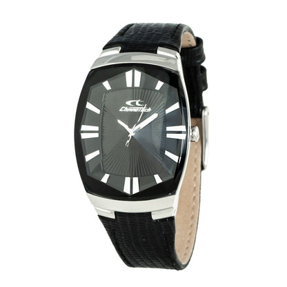 Chronotech Black Leather Dress Watch with silver case, black dial, and mineral glass, featuring quartz mechanism and buckle closure