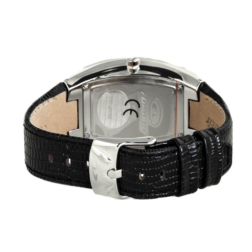 Back view of Chronotech Black Leather Dress Watch with silver steel case, black leather strap, and buckle closure.