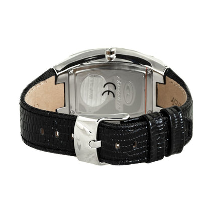Back view of Chronotech Black Leather Dress Watch with silver steel case, black leather strap, and buckle closure.