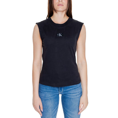 Calvin Klein Jeans Black Cotton T-Shirt, sleeveless design, worn by a woman, showcasing a casual and elegant look with woven label detail.