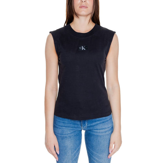Calvin Klein Jeans Black Cotton T-Shirt, sleeveless design, worn by a woman, showcasing a casual and elegant look with woven label detail.