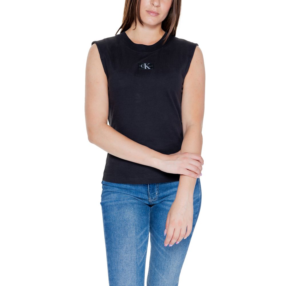 Woman wearing Calvin Klein Jeans Black Cotton T-Shirt with sleeveless design.