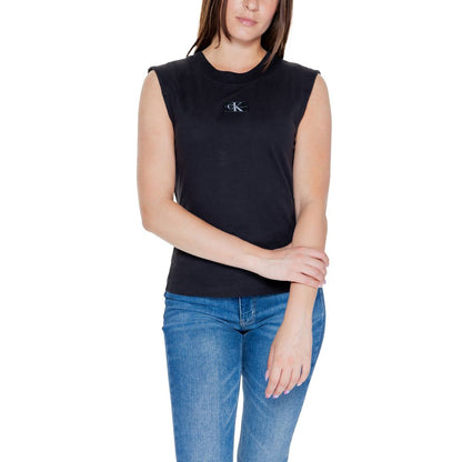 Woman wearing Calvin Klein Jeans Black Cotton T-Shirt with sleeveless design.