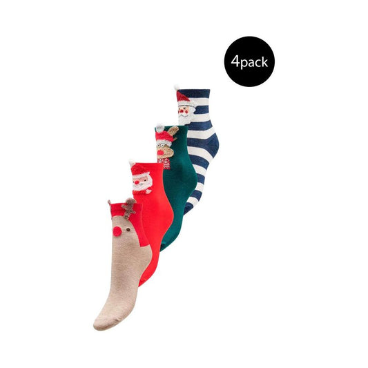Pack of four women's Christmas-themed socks; includes Santa and reindeer designs on cotton blend; perfect for fall and winter wear.