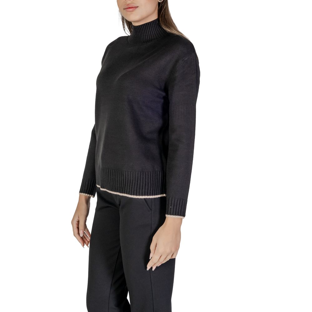 Woman wearing Street One Black Polyester Sweatshirt with high neckline and ribbed hem.