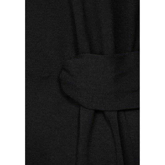 Close-up of Street One women's black cotton midi dress fabric detail, spring/summer collection, with belt accent.