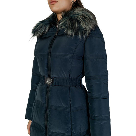 Women's Guess black polyester jacket with faux fur collar, fall/winter collection, stylish warm coat for women
