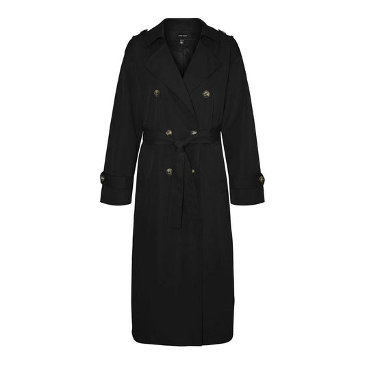 Vero Moda black polyester trench coat for women, spring/summer collection, featuring a stylish belted waist design.