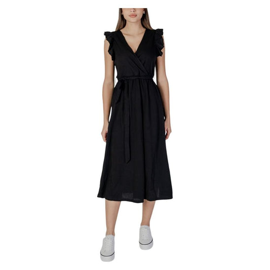 B.Young black cotton spring/summer dress for women, featuring a V-neck and ruffled sleeves.