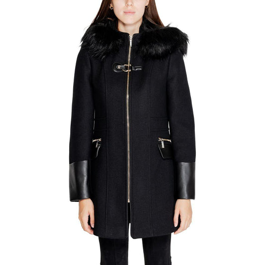 Morgan De Toi black wool jacket with fur trim and leather accents for fall/winter collection, 60% wool, women’s fashion coat.