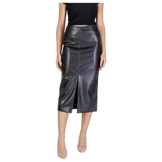 ICHI black polyester skirt for women, fall/winter collection, featuring a front slit and elegant design.