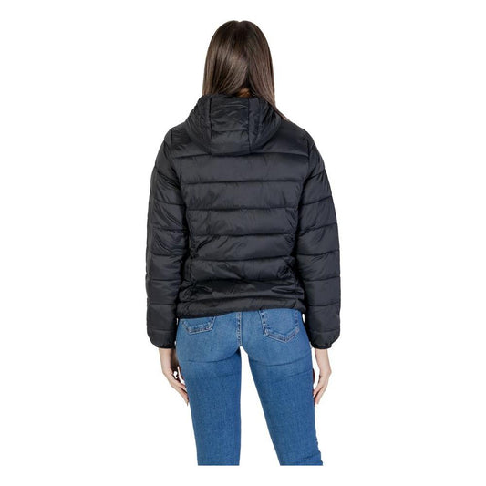 B.Young women's black nylon fall/winter jacket, rear view showing hooded design and padding.